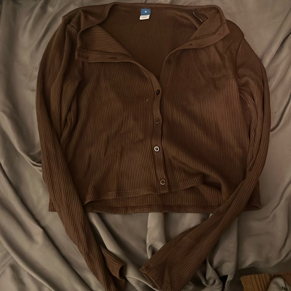 old navy women’s brown button up ribbed sweater